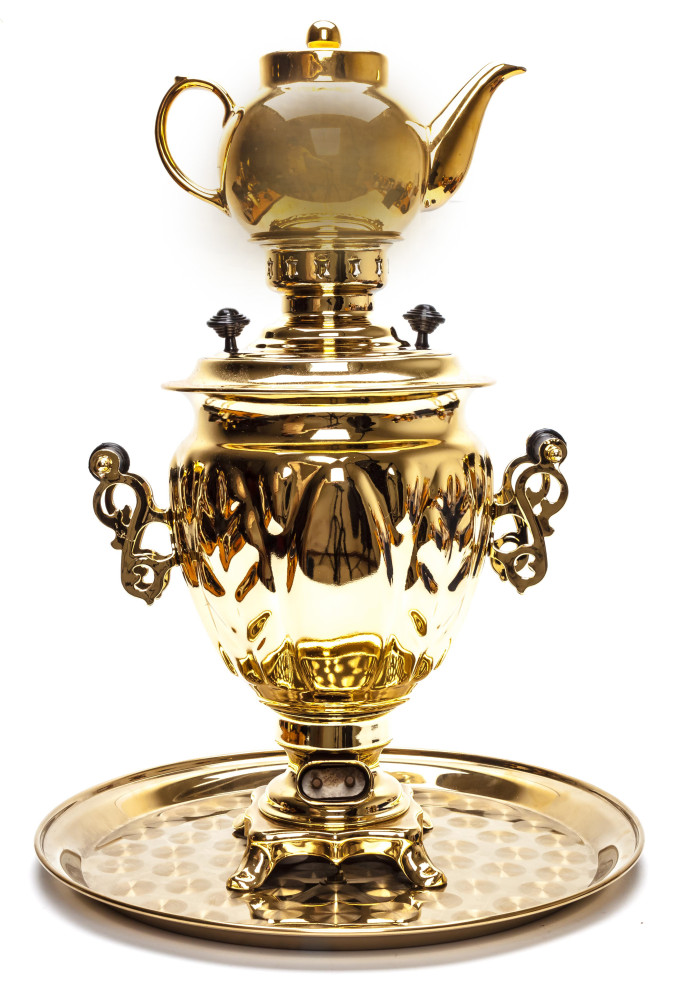 Golden Russia Electric Samovar with Teapot and Metal tray