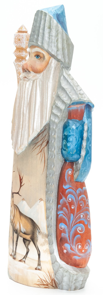 230 mm Santa with a Magic Staff and a Bag with handpainted Deers Wooden Carved Statue (by Igor Carved Wooden Figures Studio)