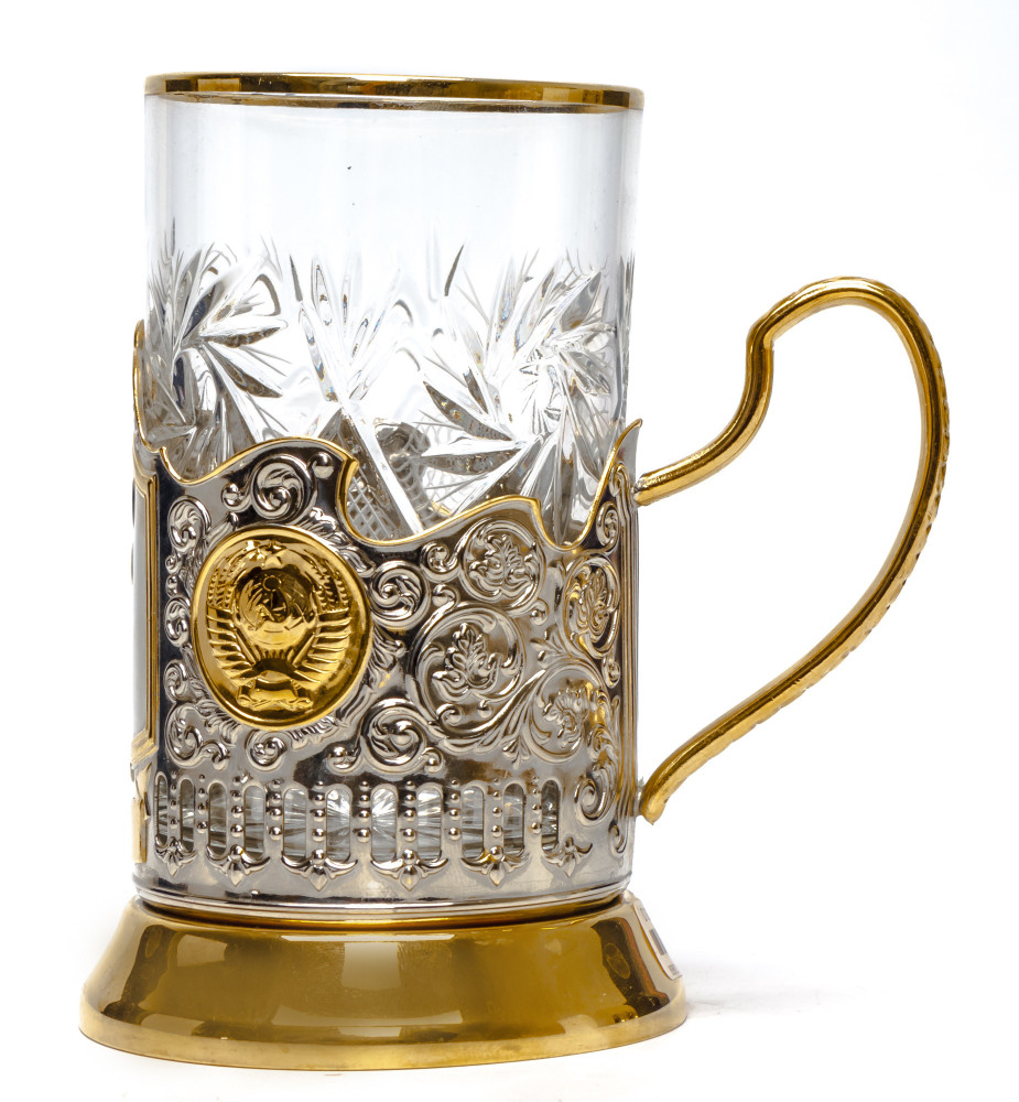 The Moscow Olympic 1980 Bear Gold Plated Brass Tea Glass Holder with Crystal Glass and Gold Plated Tea Spoon (by Kolchugino)