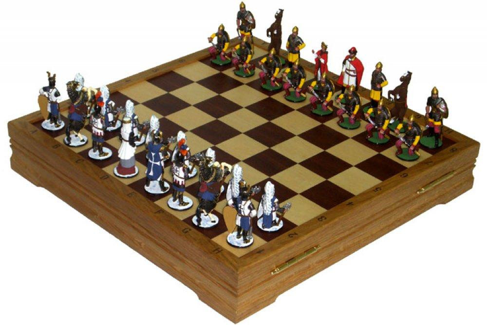 Wooden Chess Board with Tin Soldiers Hand Painted Chess Pieces