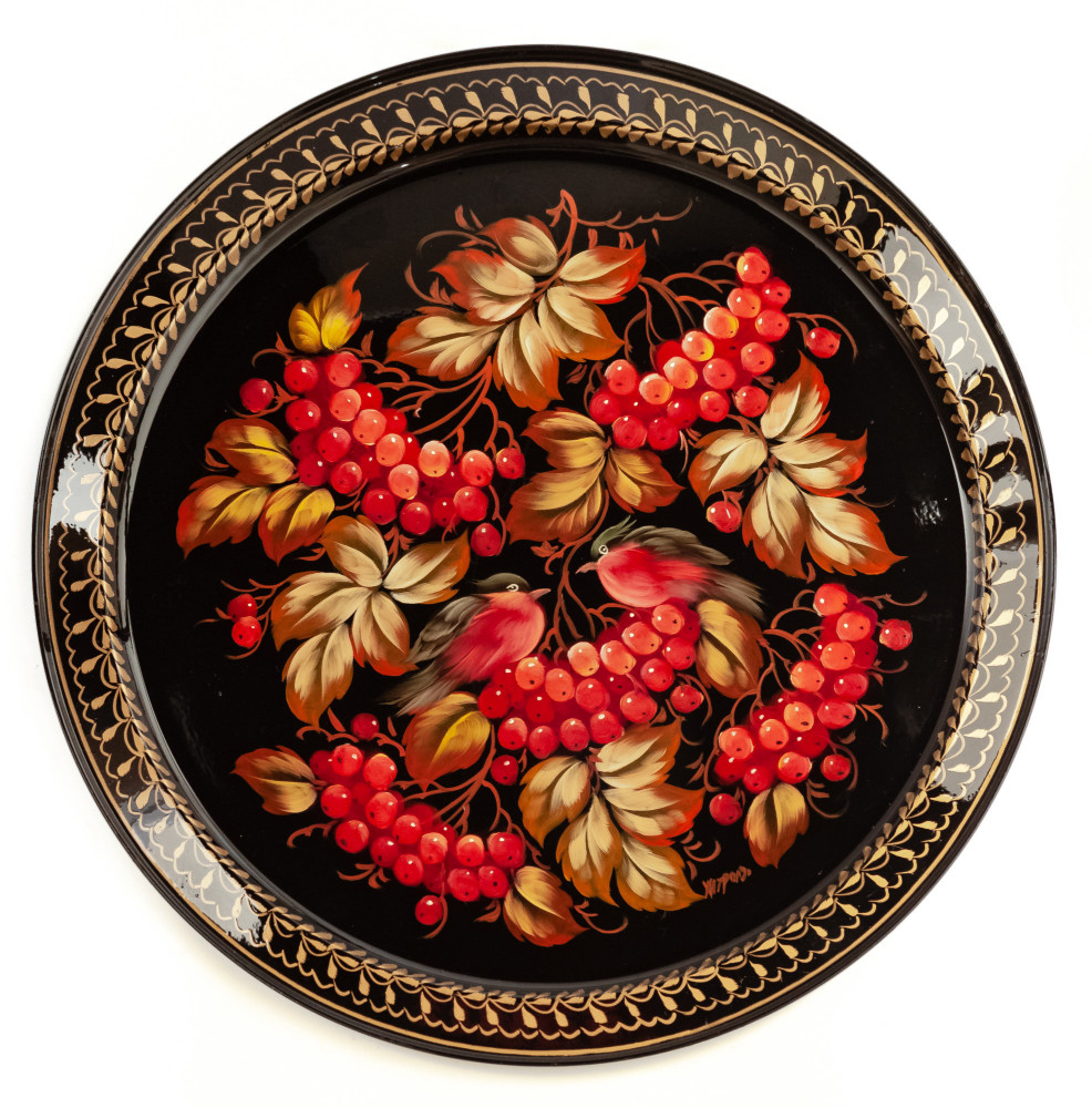 d 385 mm Zhostovo Patterns hand painted and lacquered by Hitrova Metal Forged Tray (by Lada Crafts)