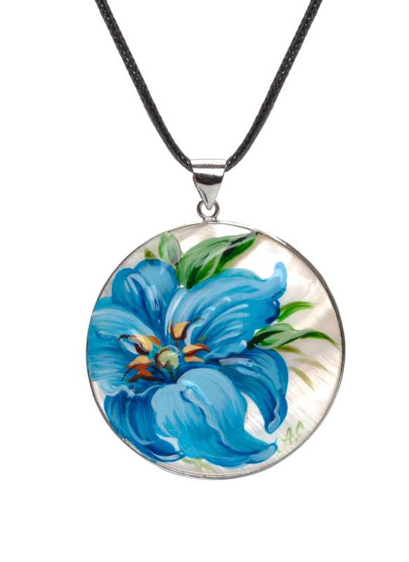 d50 mm Flower hand painted Nacre Pendant (by Tatiana Shkatulka Crafts)