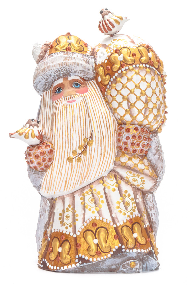 160 mm Santa with a Bag and Birds Carved Wood Hand Painted Collectible Figurine (by Natalia Nikitina Workshop)