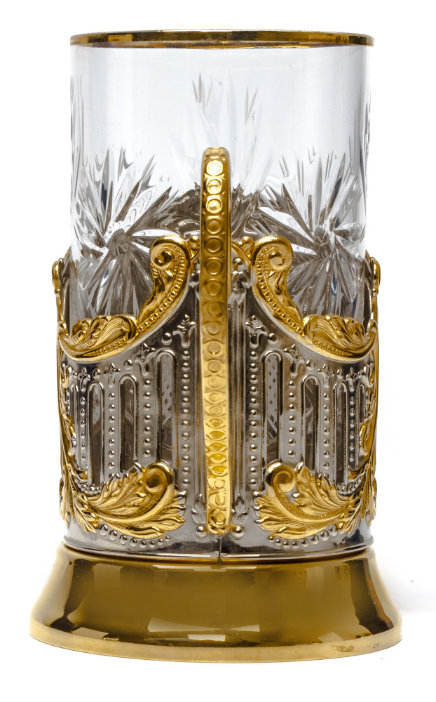 The Bolshoi Theatre Gold Plated Brass Tea Glass Holder with Crystal Glass and Gold Plated Tea Spoon (by Kolchugino)