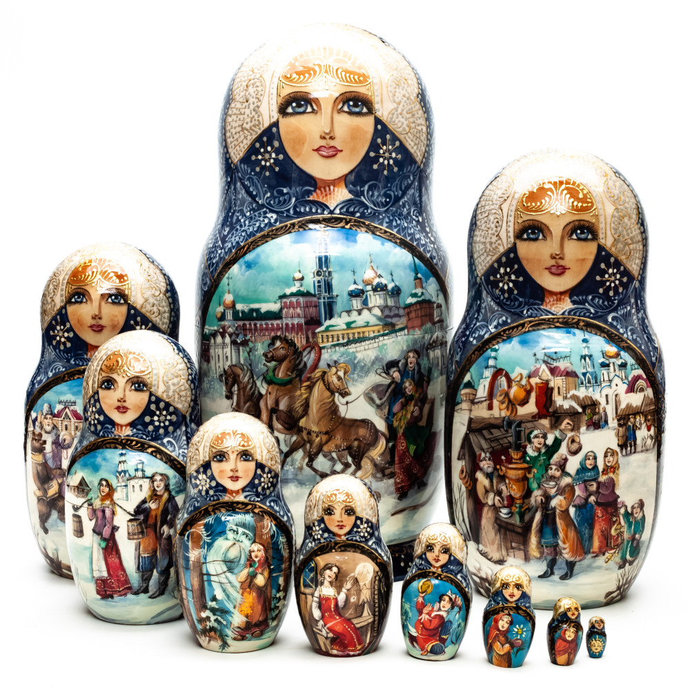280 mm Russian Troika hand painted on Wooden Matryoshka doll 10 pcs (by Trifinov Studio)