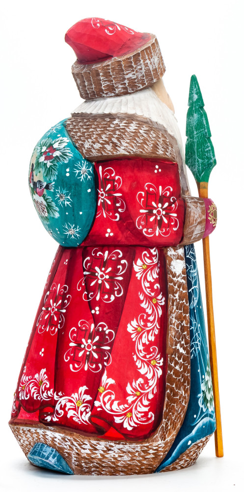 210 mm Santa with a Magic Staff with handpainted Snowmaiden Wooden Carved Statue (by Igor Carved Wooden Figures Studio)