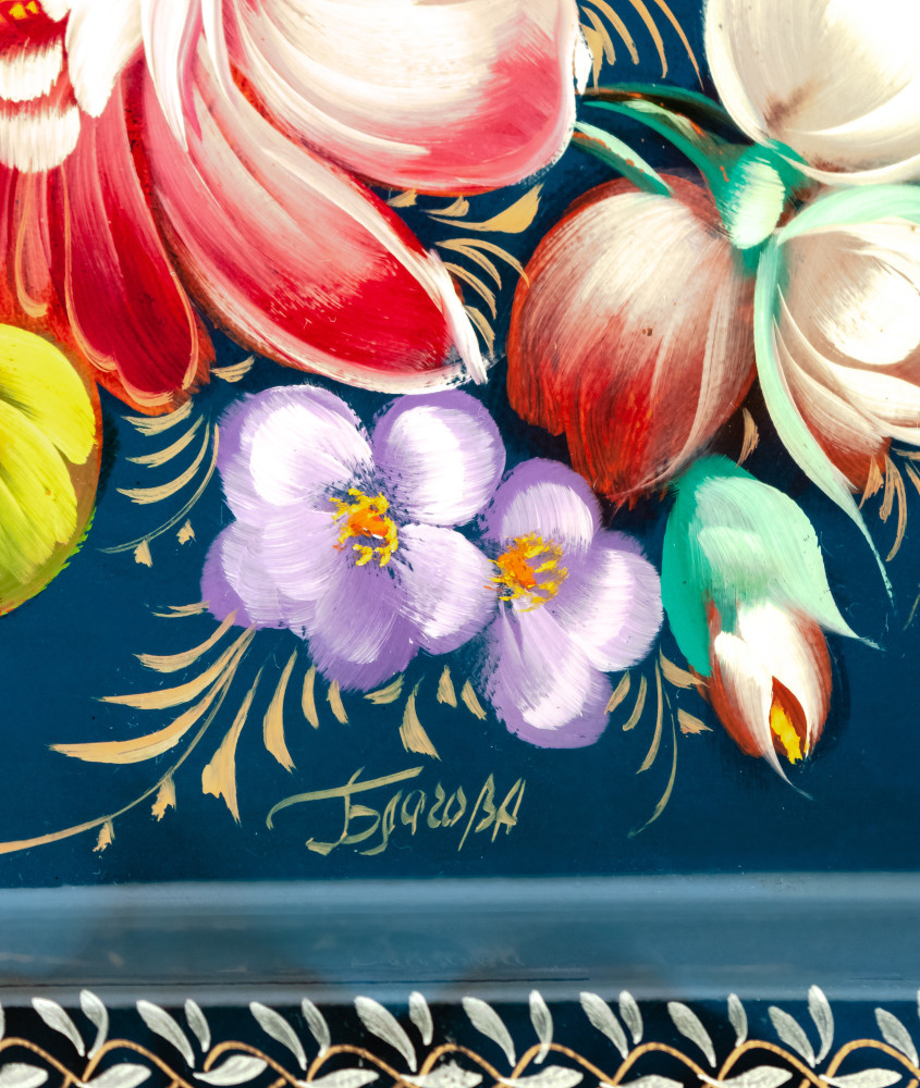 235x395 mm Zhostovo Patterns hand painted and lacquered by Blagova Metal Forged Blue Tray (by Lada Crafts)