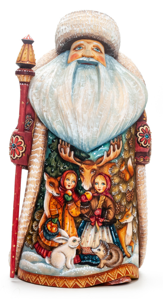 250 mm Santa with a Lamp and a Magic Staff with handpainted Children in the Woods Wooden Carved Statue (by Sergey Christmas Workshop)