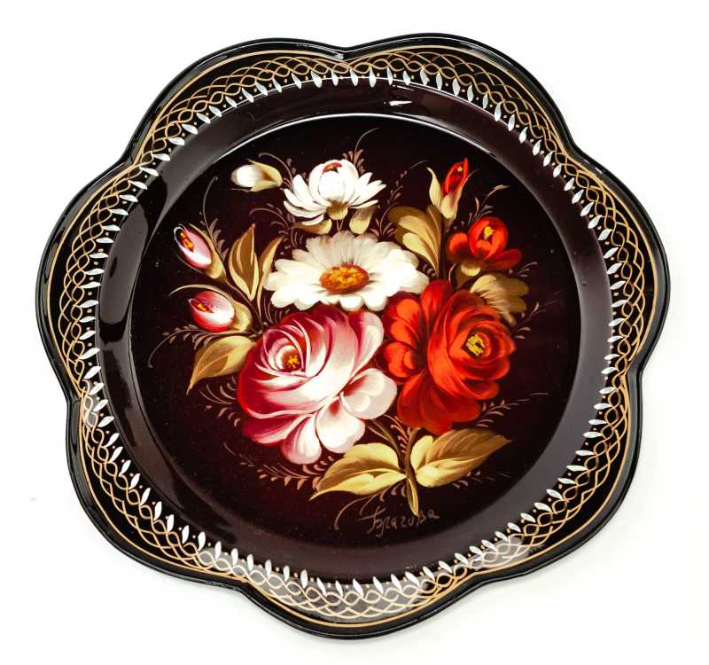 d 220 mm Zhostovo Patterns hand painted and lacquered Metal Forged Tray (by Lada Crafts)