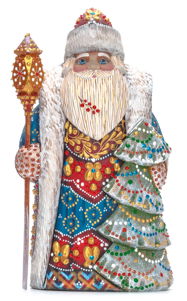 240 mm Santa with a Magic Staff and a Green Christmas Tree Carved Wood Hand Painted Collectible Figurine (by Natalia Nikitina Workshop)