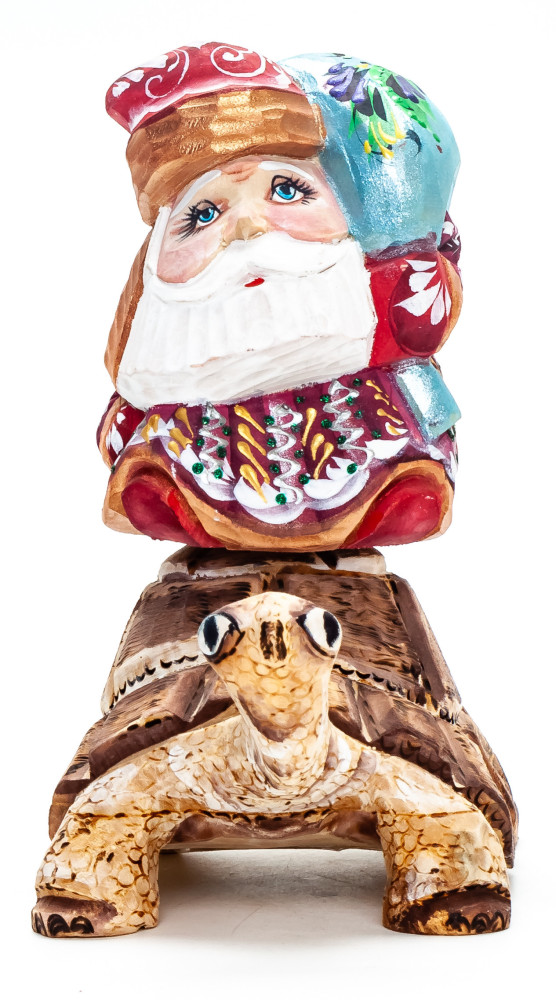 140 mm Santa with a Bag Riding the Turtle handpainted Wooden Carved Statue (by Igor Carved Wooden Figures Studio)