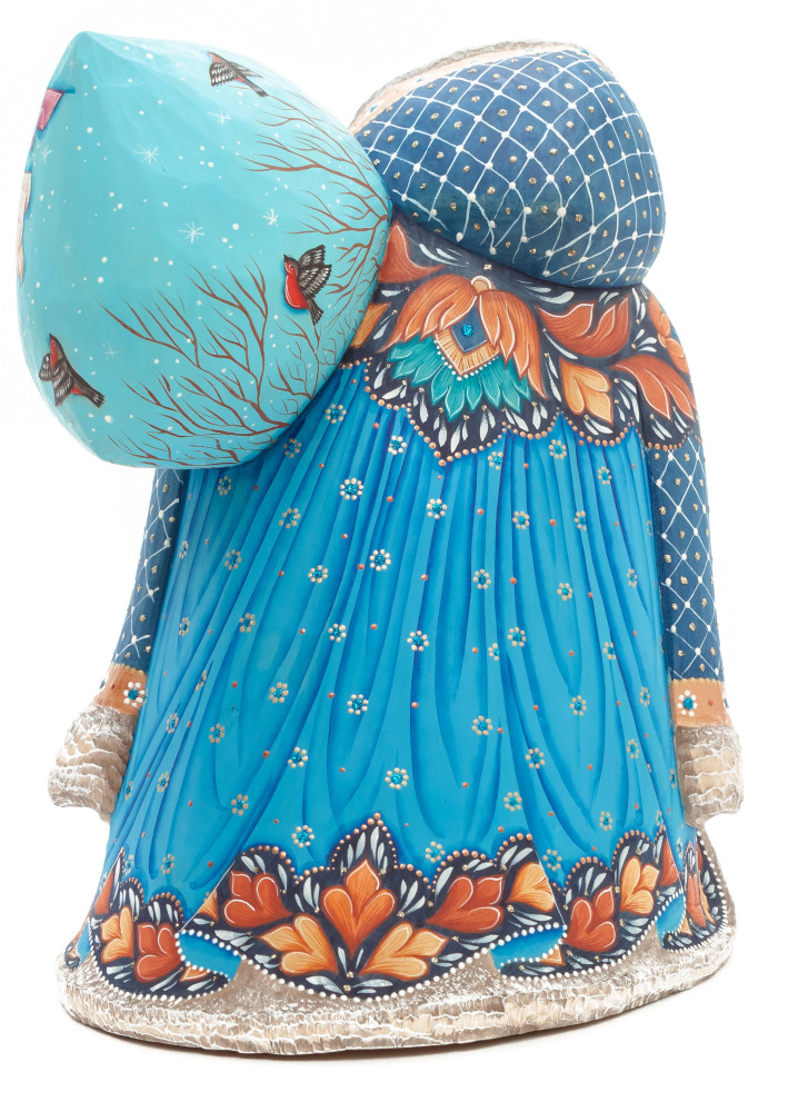 220 mm Santa with a Magic Staff and a Bag with hand painted Kids playing with a Bullfinch Carved Wood Collectible Figurine (by Sergey Christmas Workshop)
