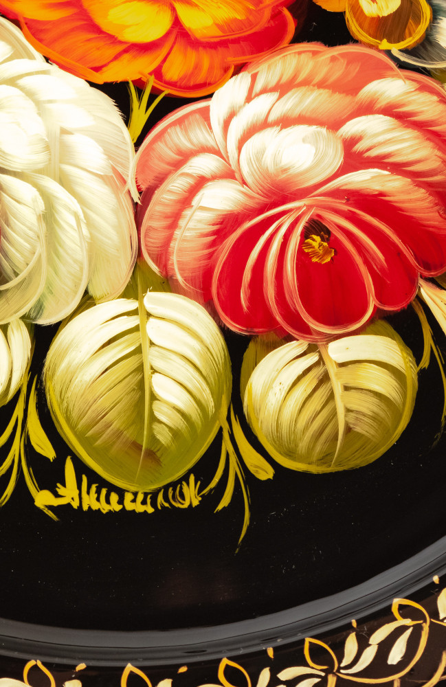 d 290 mm Zhostovo Patterns hand painted and lacquered by Anisimova Metal Forged Tray (by Lada Crafts)