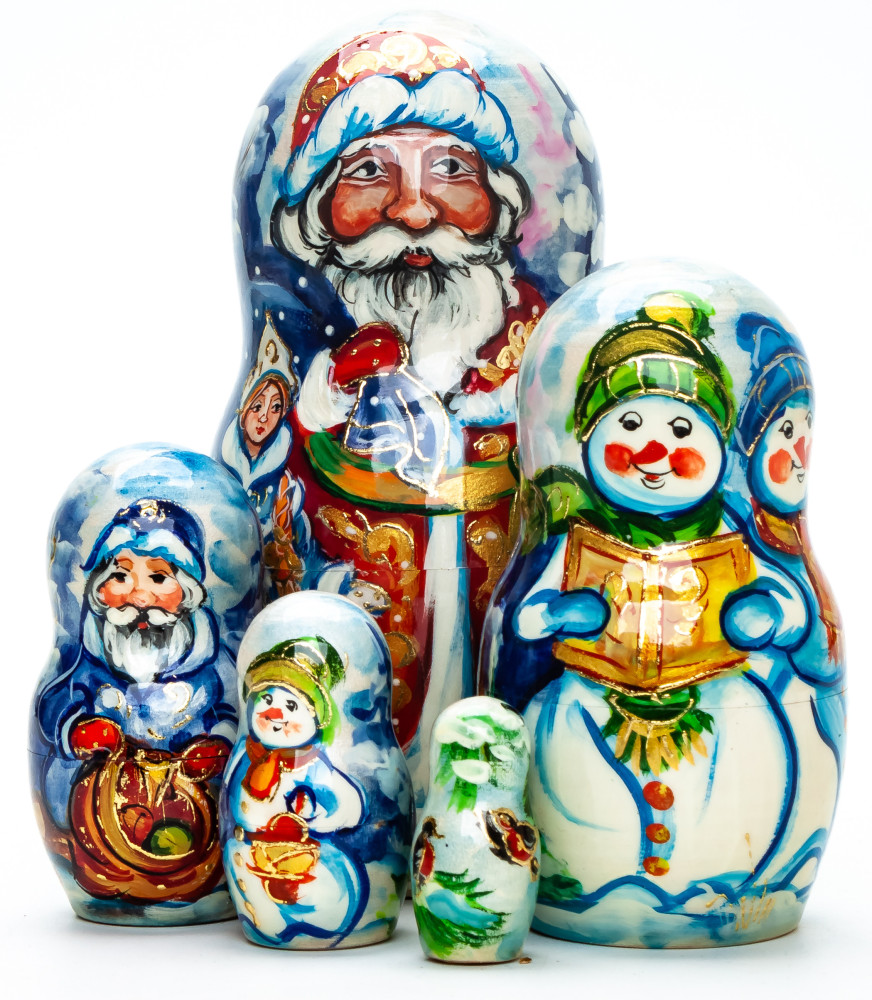 130 mm Santa Claus and Snowmaiden Princess hand painted wooden Matryoshka Doll 5 pcs (by Skazka)