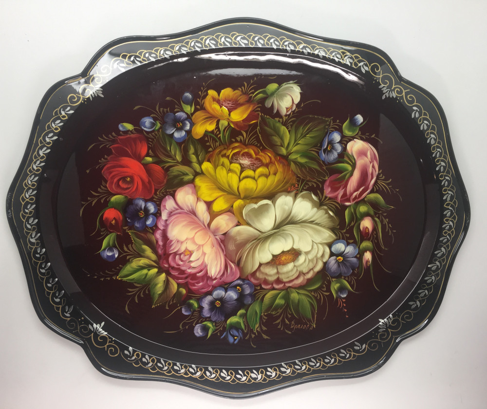 U 38x30 Zhostovo Hand Painted Metal Tray
