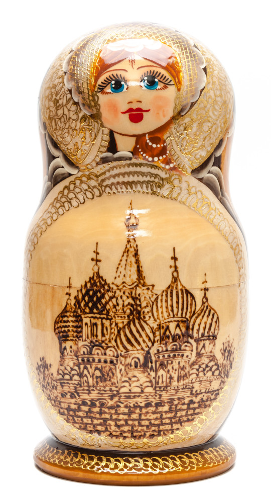 260 mm Moscow Saint Basil Cathedral hand painted burnt Matryoshka Doll 10 pcs inside (by Valery Studio)