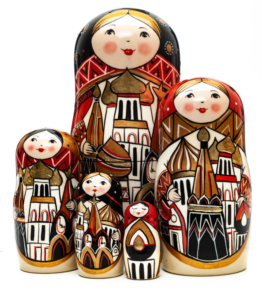 180 mm Moscow Snt Basil Cathedral hand painted by Lentuloff on wooden Matryoshka doll 5 pcs (by A Studio)