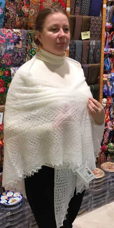 160x160 cm White Goat Down Hand Knitted Russian Orenburg Shawl (by Orenburg Factory)