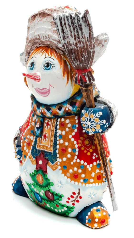140 mm Snowman with a Broom on wooden Figurine (by Natalia Nikitina Workshop)