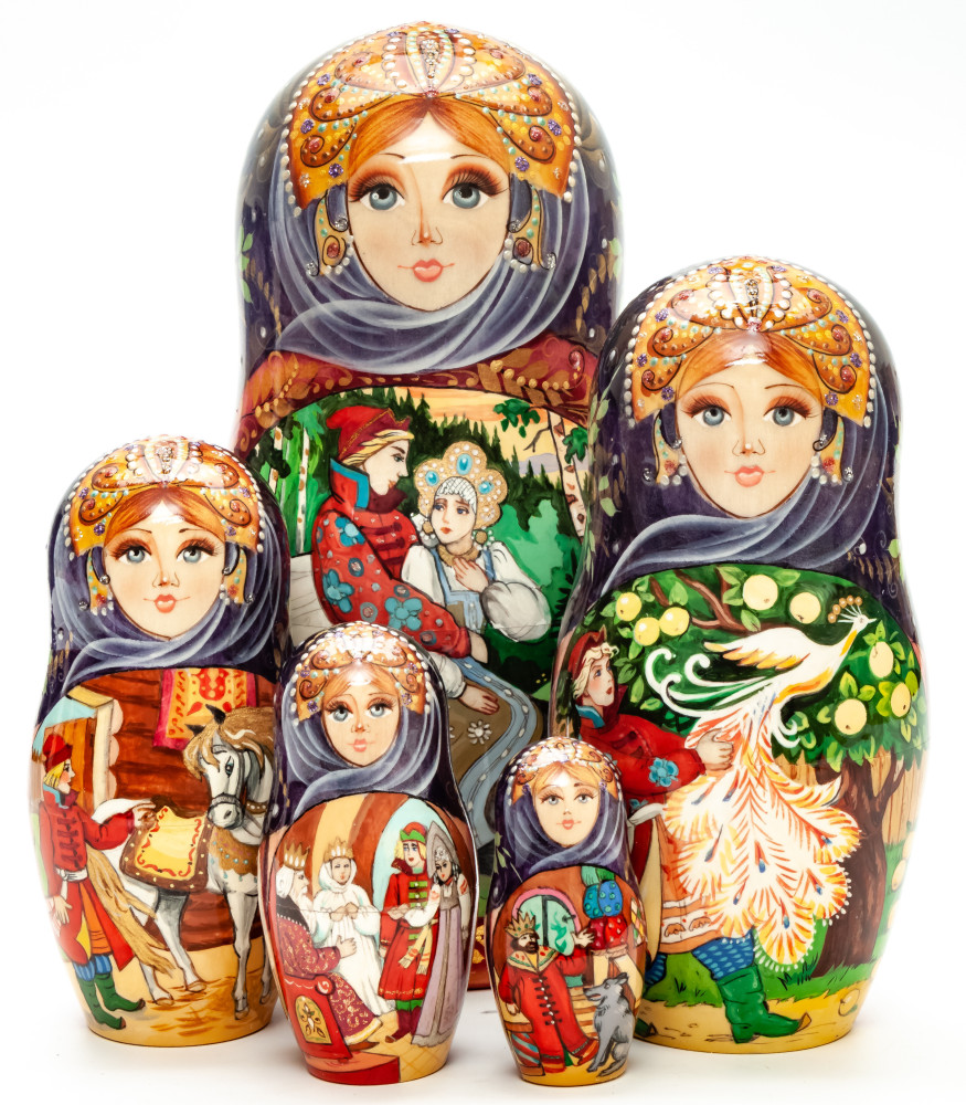 Shop Exclusive Nesting Dolls 180 mm Ivan Tsarevich & the Grey Wolf hand painted on Wooden Matryoshka doll 5 pcs (by Natalia Crafts) online at Skazka.site | Eligible for fast shipping and free returns. 180 mm Ivan Tsarevich & the Grey Wolf hand painted on Wooden Matryoshka doll 5 pcs (by Natalia Crafts)