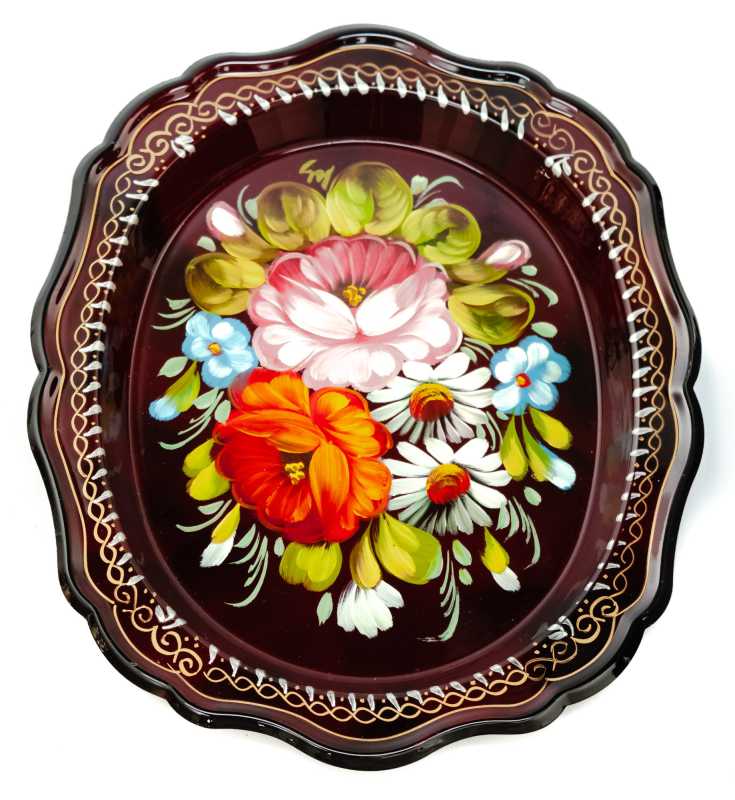 170x210 mm Zhostovo Patterns hand painted and lacquered Metal Forged Carmine Tray (by Lada Crafts)