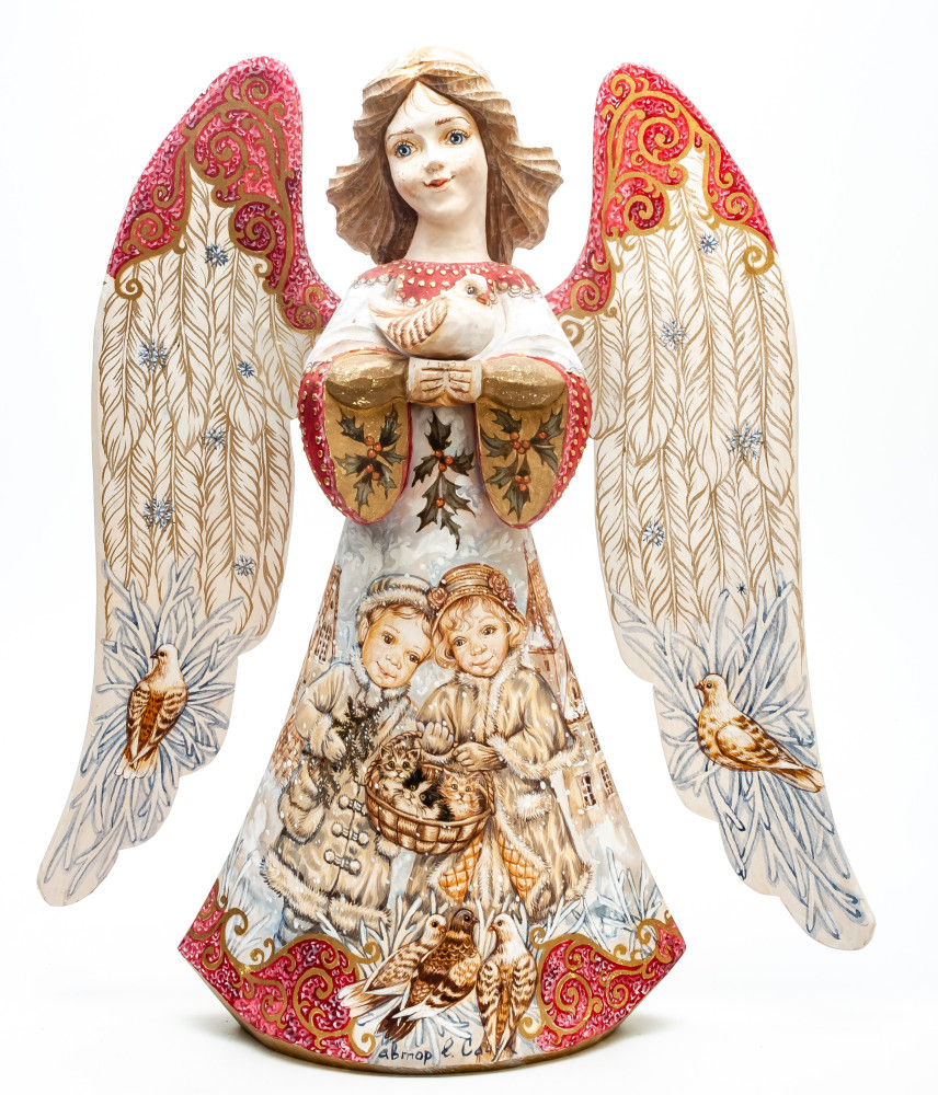 340 mm Mother Angel with Dove and Children hand painted wooden figurine (by Polar Bear Studio)