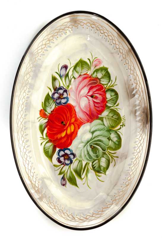 165x255 mm Zhostovo Patterns hand painted and lacquered Metal Forged White Tray (by Lada Crafts)