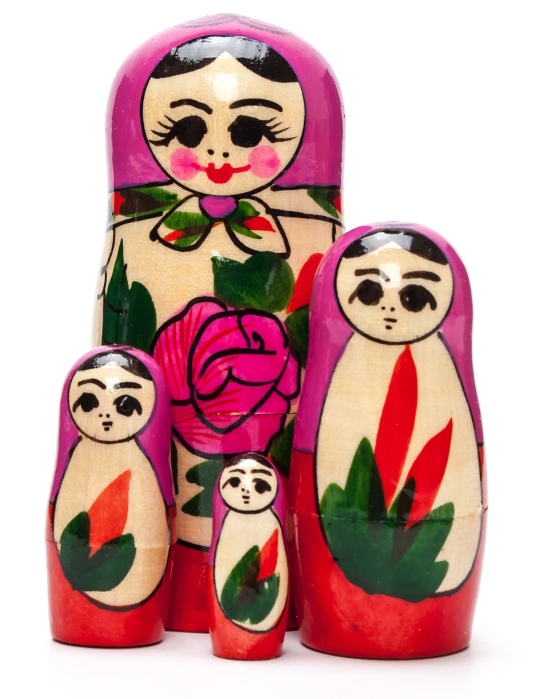 95 mm Pink Head Semenovskaya Hand Painted Wooden Matryoshka Nesting Doll 4 pcs inside (by Ivan Studio)
