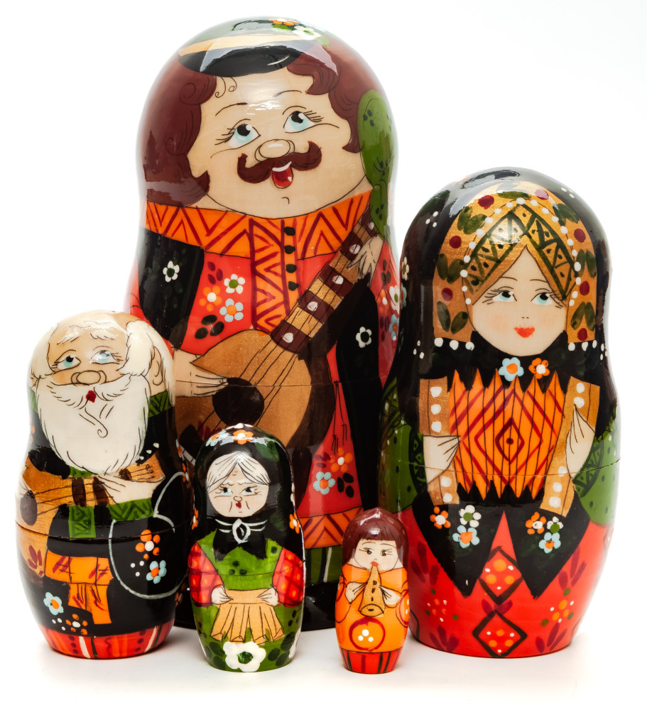 180 mm Man with Balalaika hand painted on Wooden Matryoshka doll 5 pcs (by Skazka)