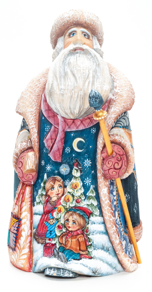 200 mm Santa with a Magic Staff and a Bag with handpainted Children Wooden Carved Statue (by Igor Carved Wooden Figures Studio)