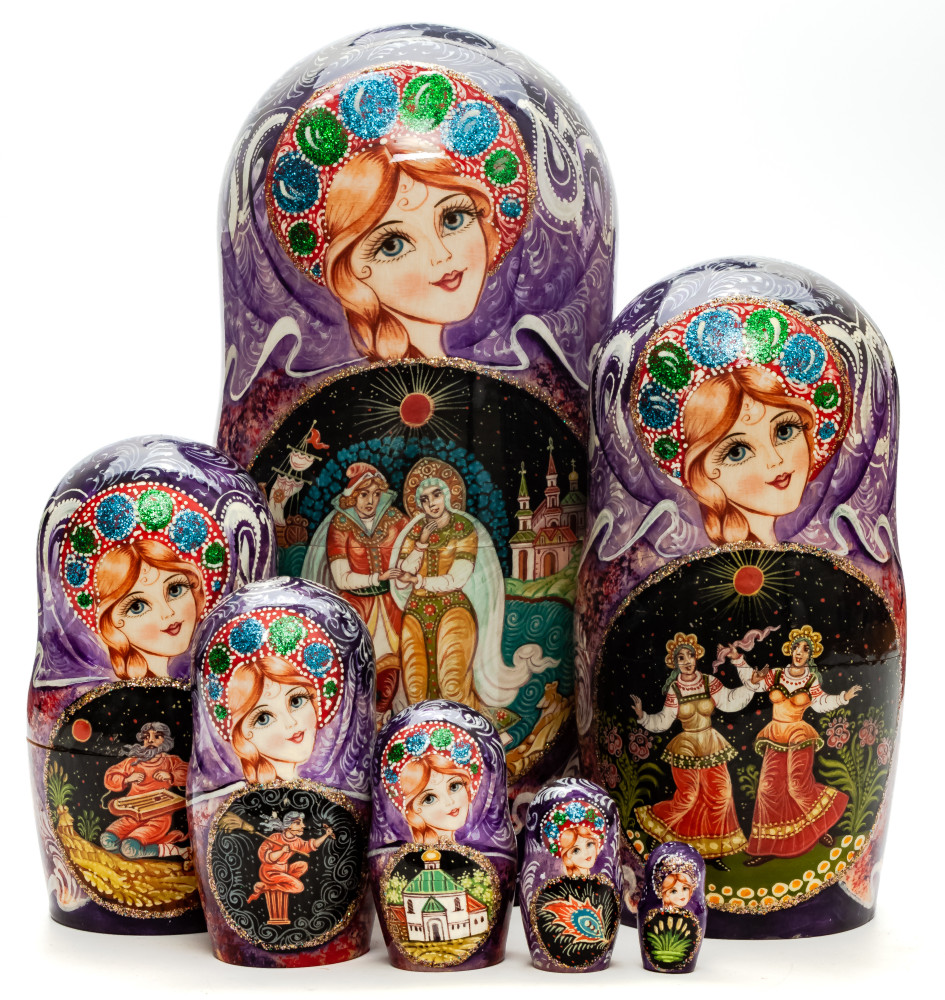 220 mm Russian Fairytale handpainted Wooden Matryoshka Doll 7 pcs (by Sheherazade)