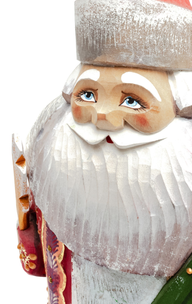 220  mm Santa with a Green Christmas Tree Carved Wood Hand Painted Collectible Figurine (by Igor Carved Wooden Figures Studio)