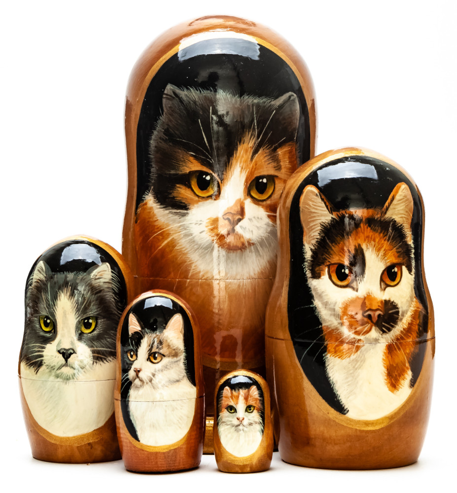 180mm Cat hand painted on wooden Matryoshka doll 5 pcs (by Alexander Famous Paintings Studio)
