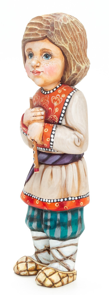 200 mm Boy with a Flute hand painted Wooden Statue (by Karpova Nadezda)