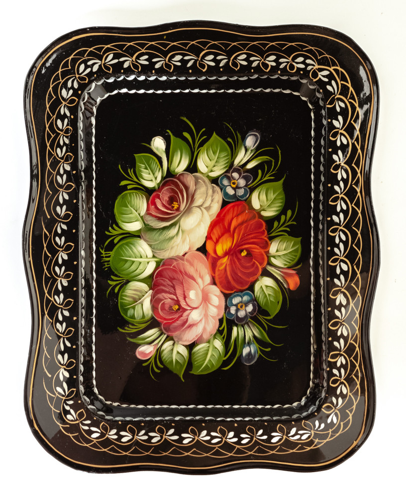 250x320 mm Zhostovo Patterns hand painted and lacquered Metal Forged Tray (by Lada Crafts)