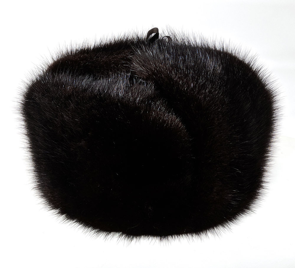 Black Muskrat Fur Hat with Ear flaps and Fur top (by Skazka Furs)