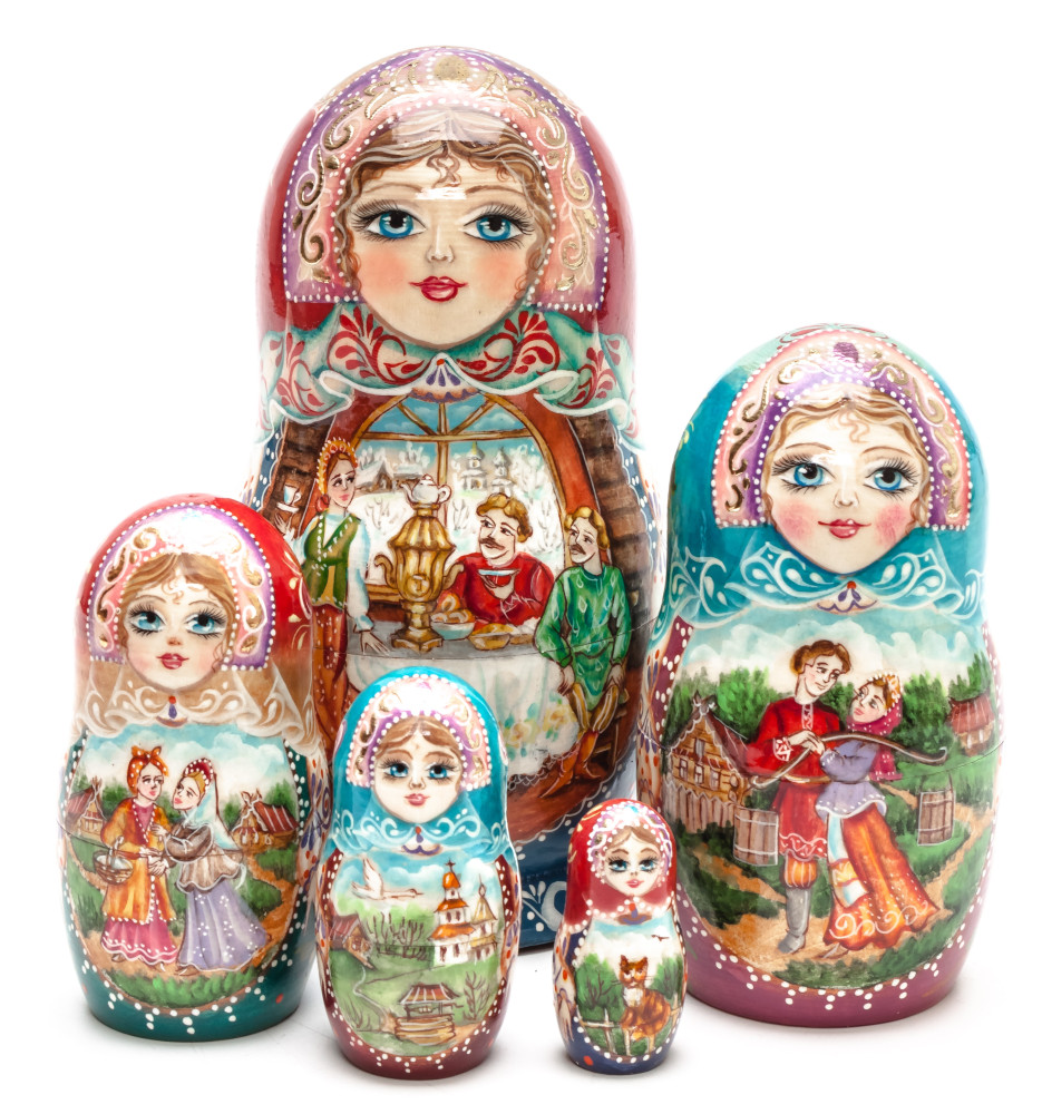 160 mm Family Dinner hand painted on wooden Matryoshka doll 5 pcs (by A Studio)