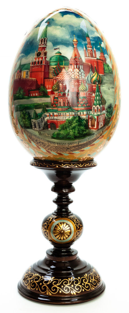  460 mm Cathedral of Christ the Saviour and Moscow Kremlin hand painted on red colored wooden Egg with standby (by Tatiana Crafts)