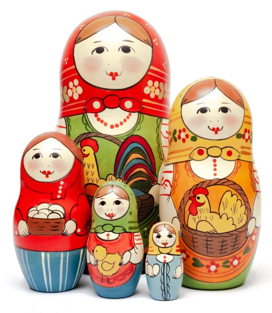 160 mm Maiden with the Basket with Cockerel inside hand painted Traditional Russian Wooden Matryoshka doll 5 pcs (by Sergey Malyutin)