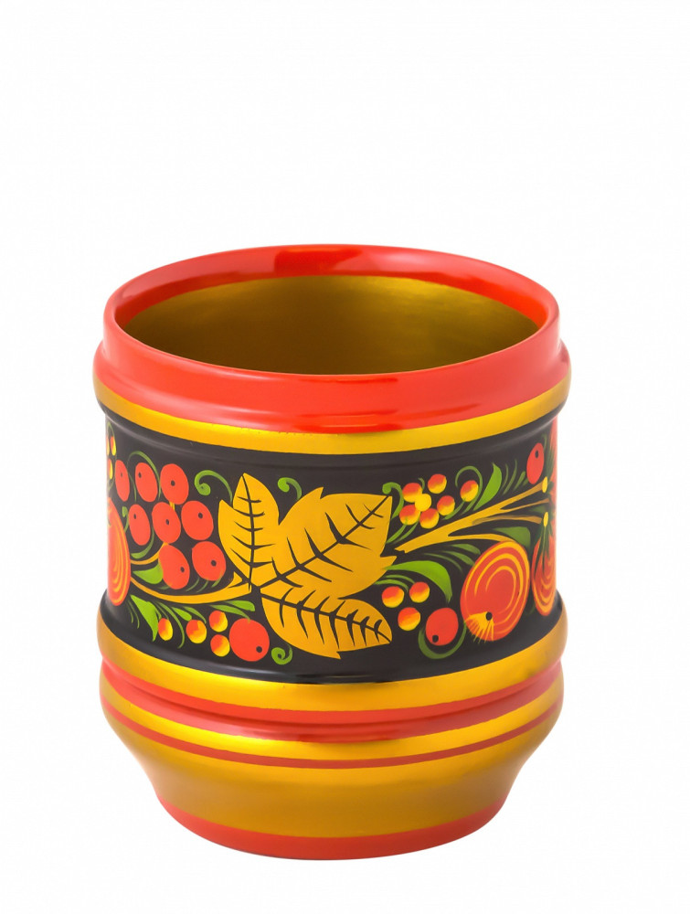 100 mm Khokhloma hand painted woode Sauce Bowl with lid and spoon on a round Tray (by Golden Khokhloma)
