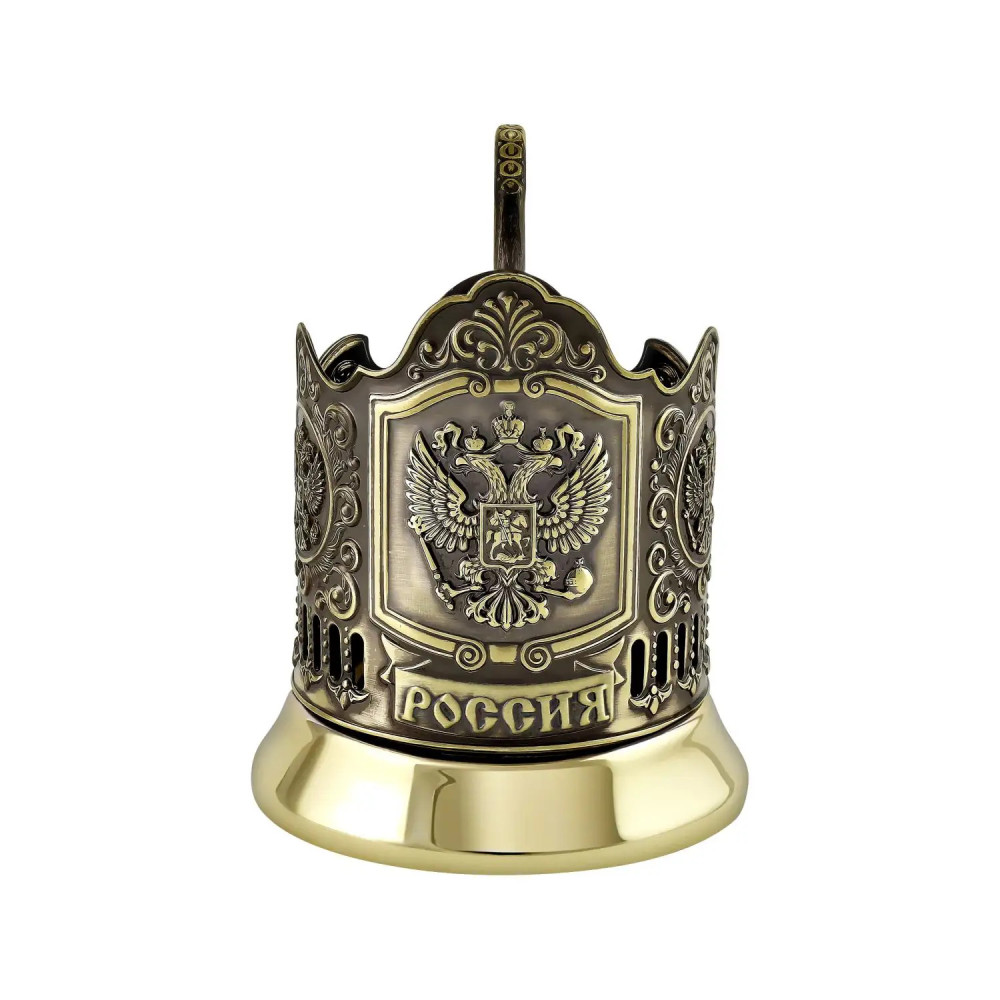Coat of arms of the Russian Federation pure brass glass holder with crystal glass