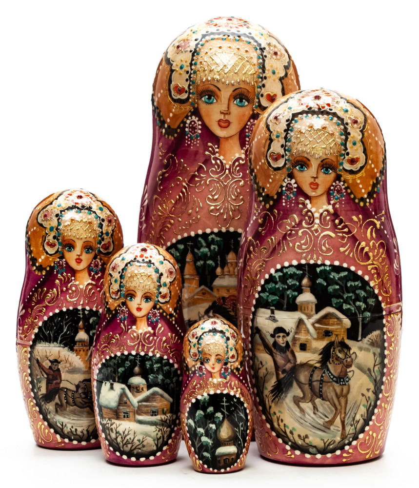 180 mm Russian Troika hand painted on Wooden Matryoshka doll 5 pcs (by Golden Cockerel Studio)