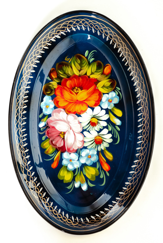 165x255 mm Zhostovo Patterns hand painted and lacquered Metal Forged Blue Tray (by Lada Crafts)
