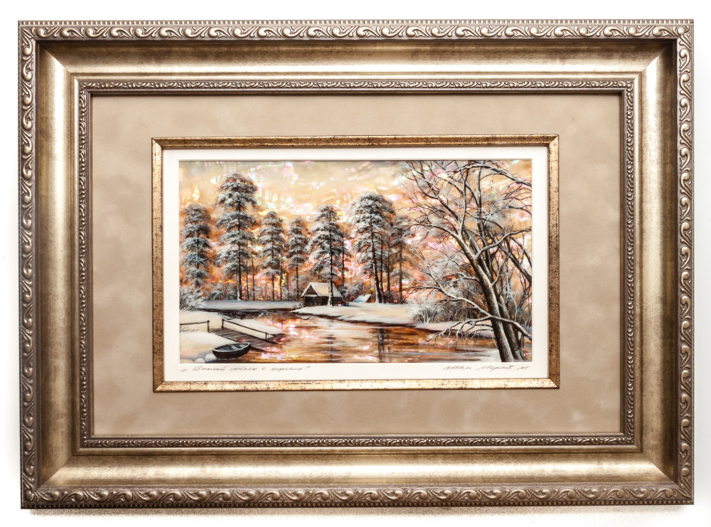 330x450mm Russian Winter landscape hand painted on mother of pearl (by Tatiana Fedoscino Arts)