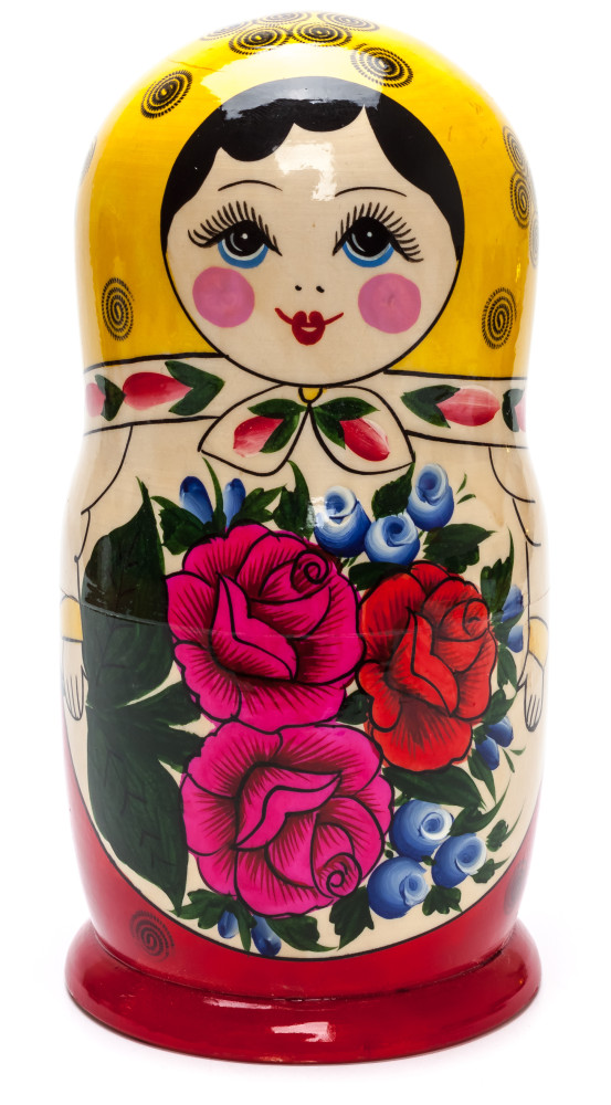 205 mm Yellow Head Semenovskaya handpainted wooden Matryoshka Doll 8 pcs (by Ivan Studio)