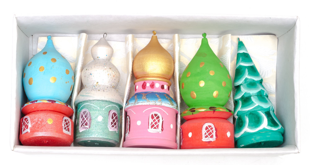Russian Domes Hand Painted and Carved Christams Tree Wooden Ornaments set of 5 pcs (by Anatoly Christmas Crafts)
