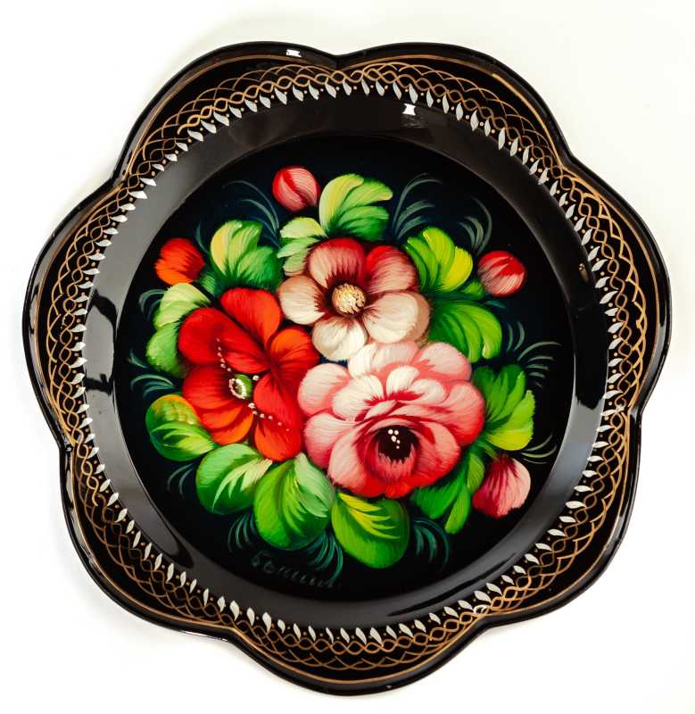 d 220 mm Zhostovo Patterns hand painted and lacquered Metal Forged Black Tray (by Lada Crafts)