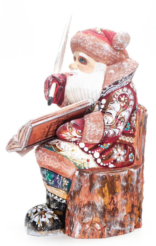 220 mm Santa Claus with a Book and a Feather Carved Wood Hand Painted Collectible Figurine  (by Igor Carved Wooden Figures Studio)