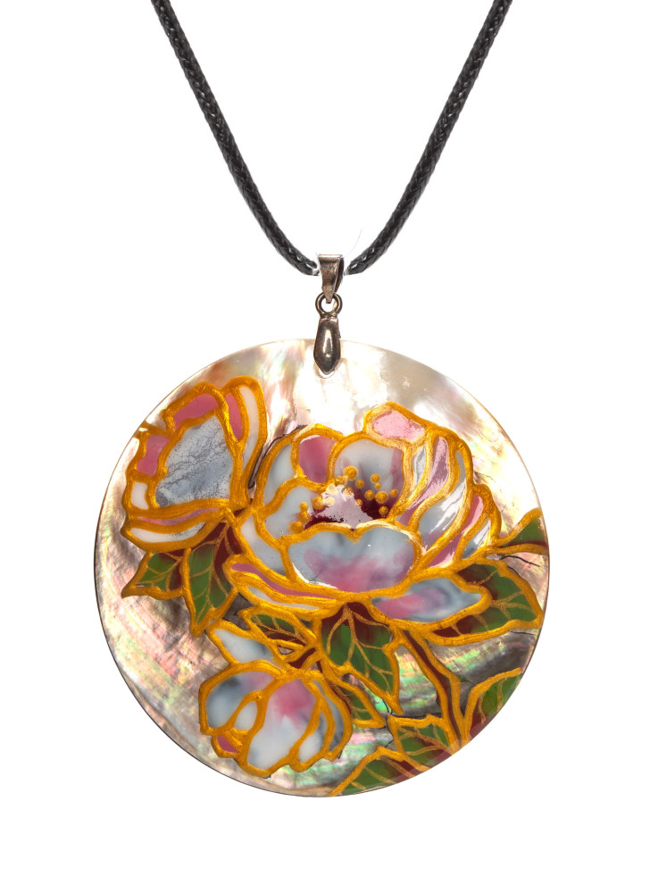 d60 mm Flowers hand painted Nacre Pendant (by Tatiana Shkatulka Crafts)