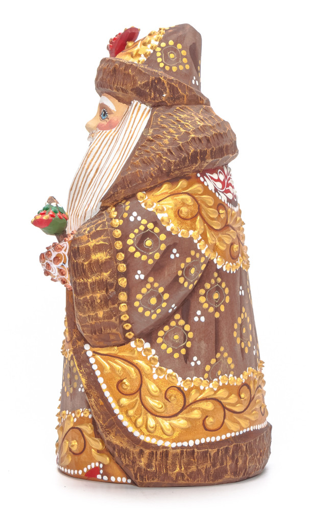 155 mm Santa with a Green Christmas Tree and Birds Carved Wood Hand Painted Collectible Figurine (by Natalia Nikitina Workshop)